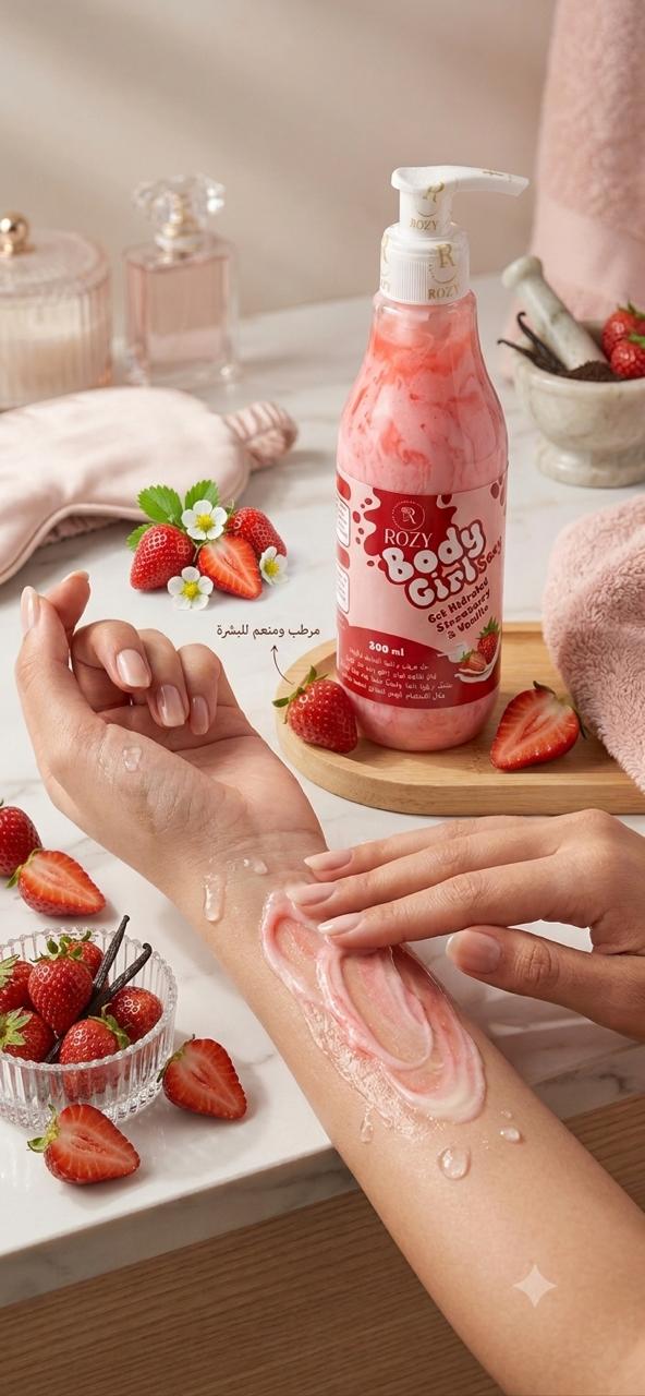 ROZY Body Girl Body Gel – Strawberry Fragrance, Moisturizing Shimmer Body Gel for Soft, Fresh & Glowing Skin – 300 ml